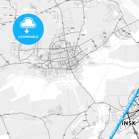 Pinsk, Belarus light map with streetnames, citynames and districts