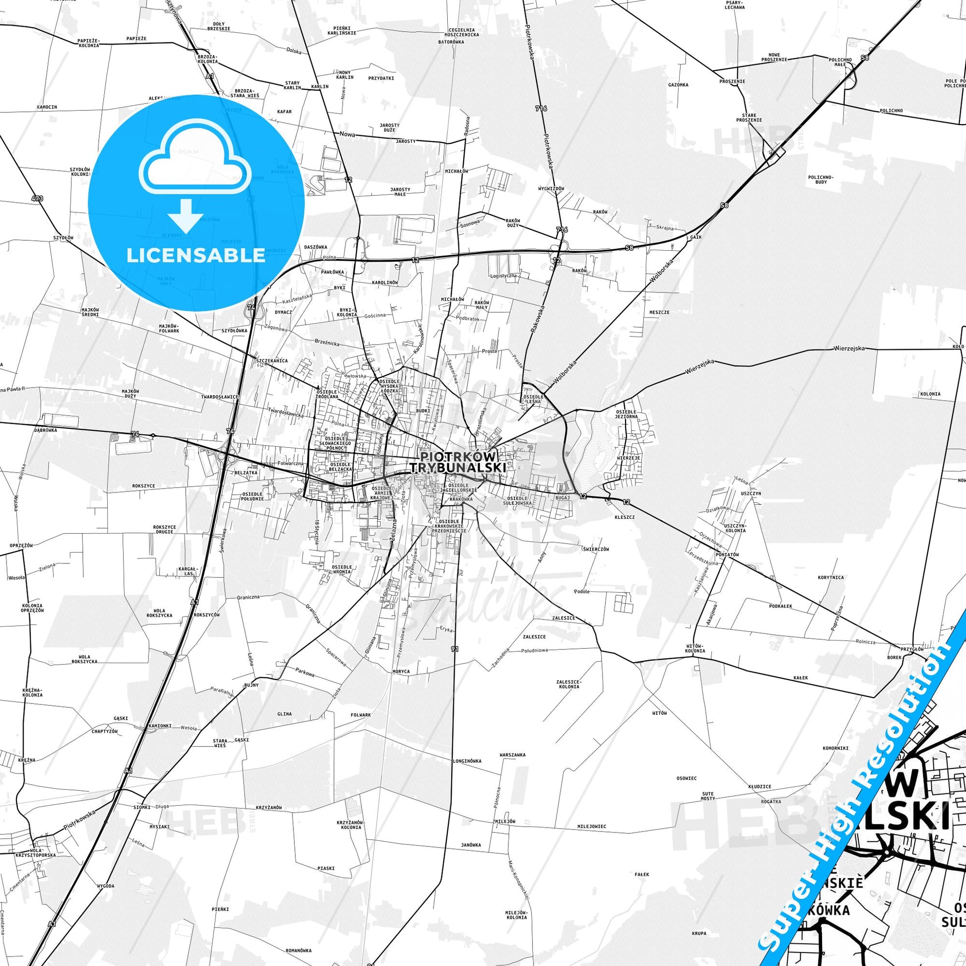 Piotrków Trybunalski, Poland light map with streetnames, citynames and districts