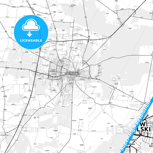 Piotrków Trybunalski, Poland light map with streetnames, citynames and districts
