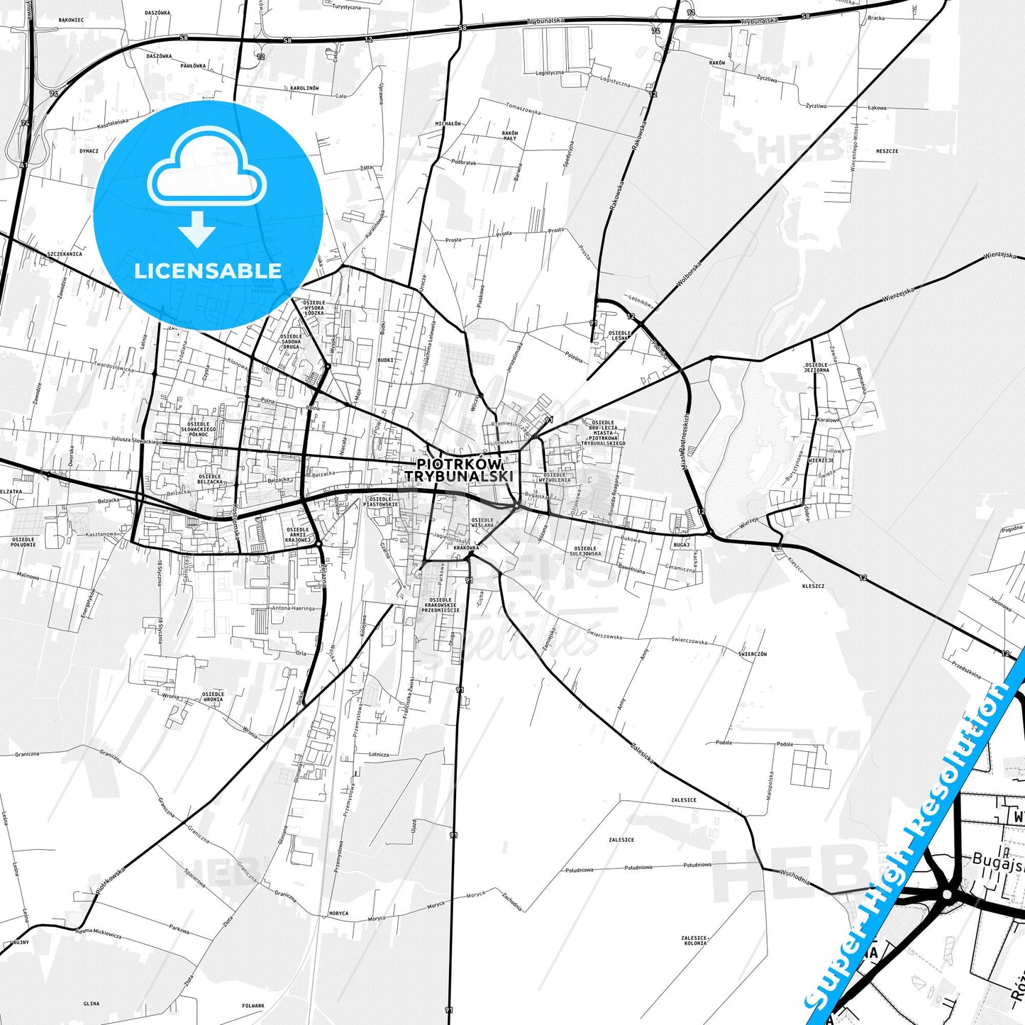 Piotrków Trybunalski, Poland Light Map with Street Names, City Names, and Districts
