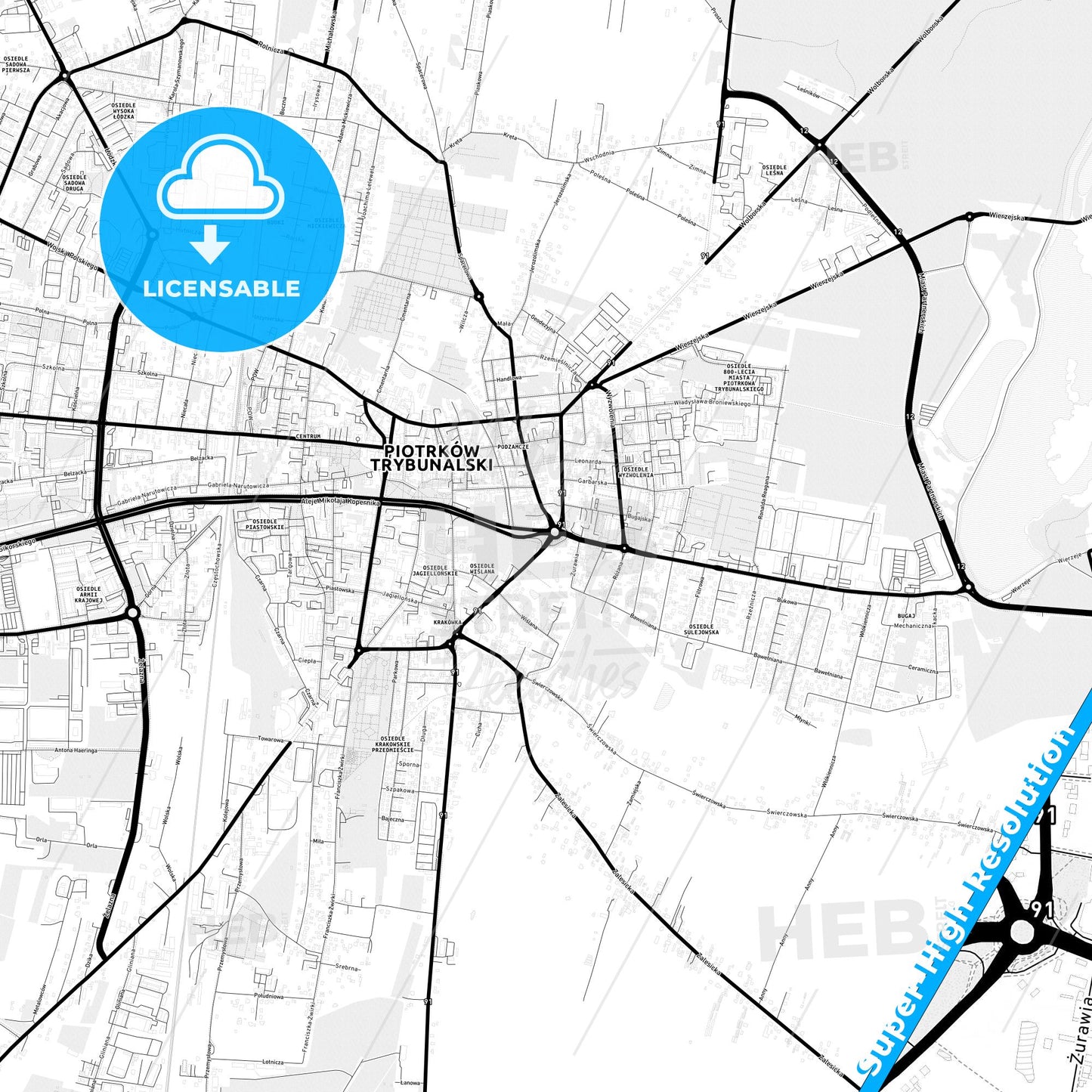 Piotrków Trybunalski, Poland Light Map with Street Names, City Names, and Districts