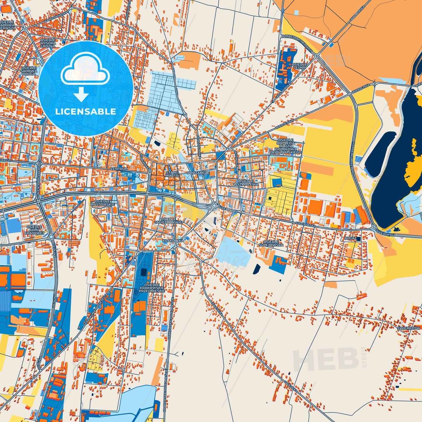 Colorful Piotrków Trybunalski Street Map with Labels and Buildings