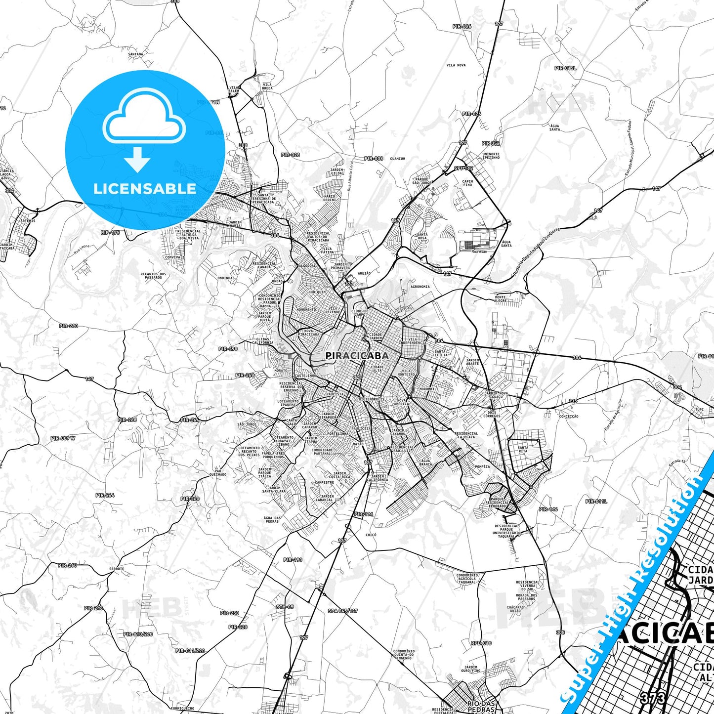 Piracicaba, Brazil light map with streetnames, citynames and districts