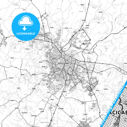 Piracicaba, Brazil light map with streetnames, citynames and districts