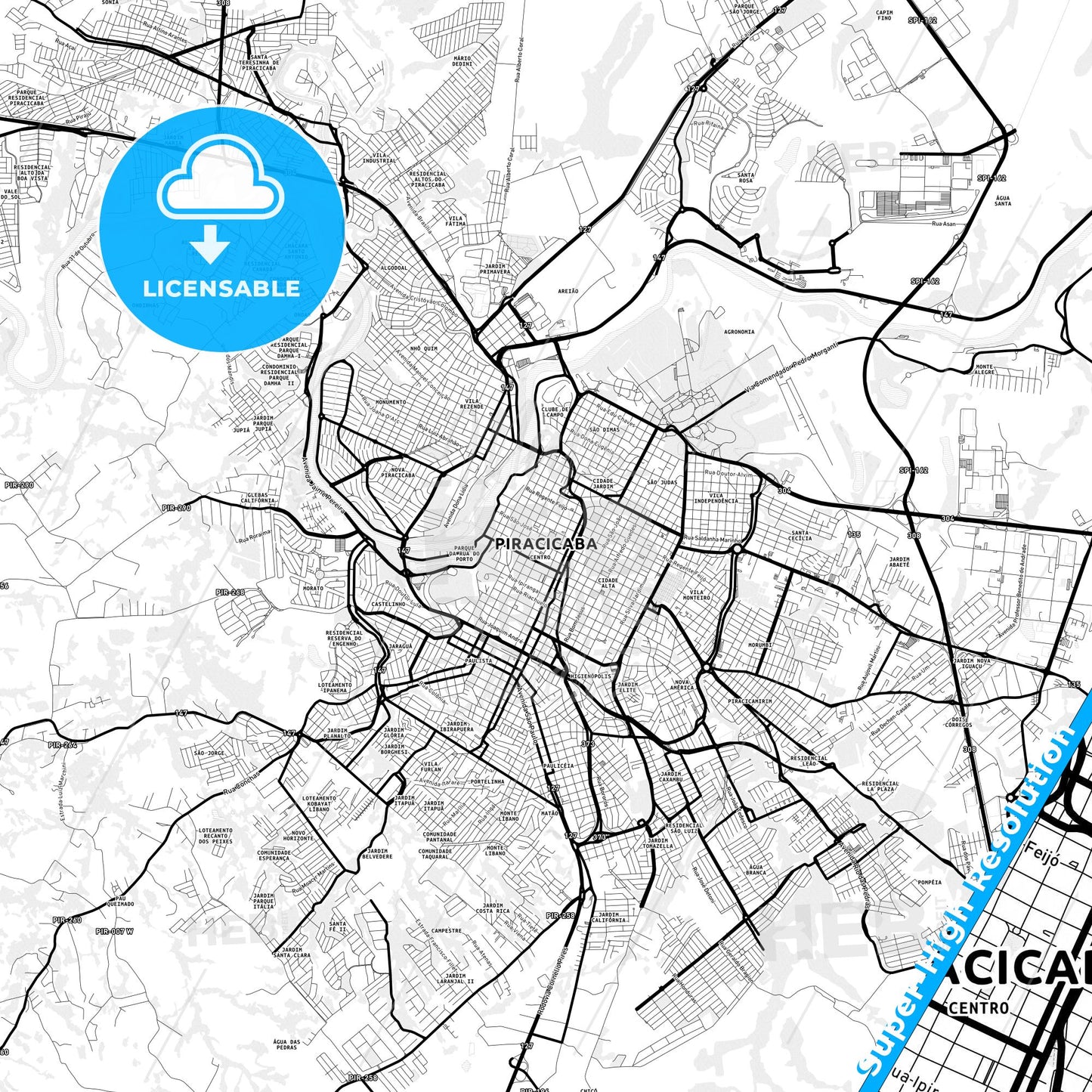 Piracicaba, Brazil Light Map with Street Names, City Names, and Districts