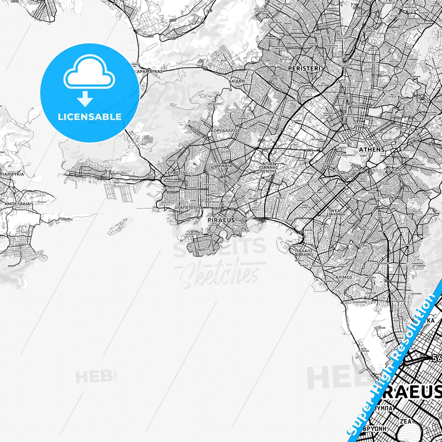 Piraeus, Greece light map with streetnames, citynames and districts