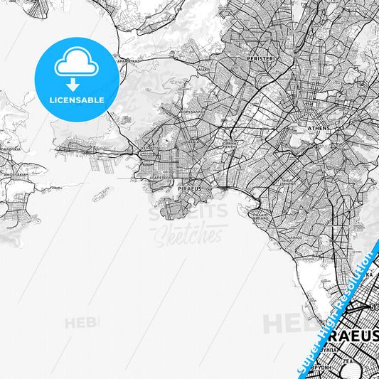 Piraeus, Greece light map with streetnames, citynames and districts