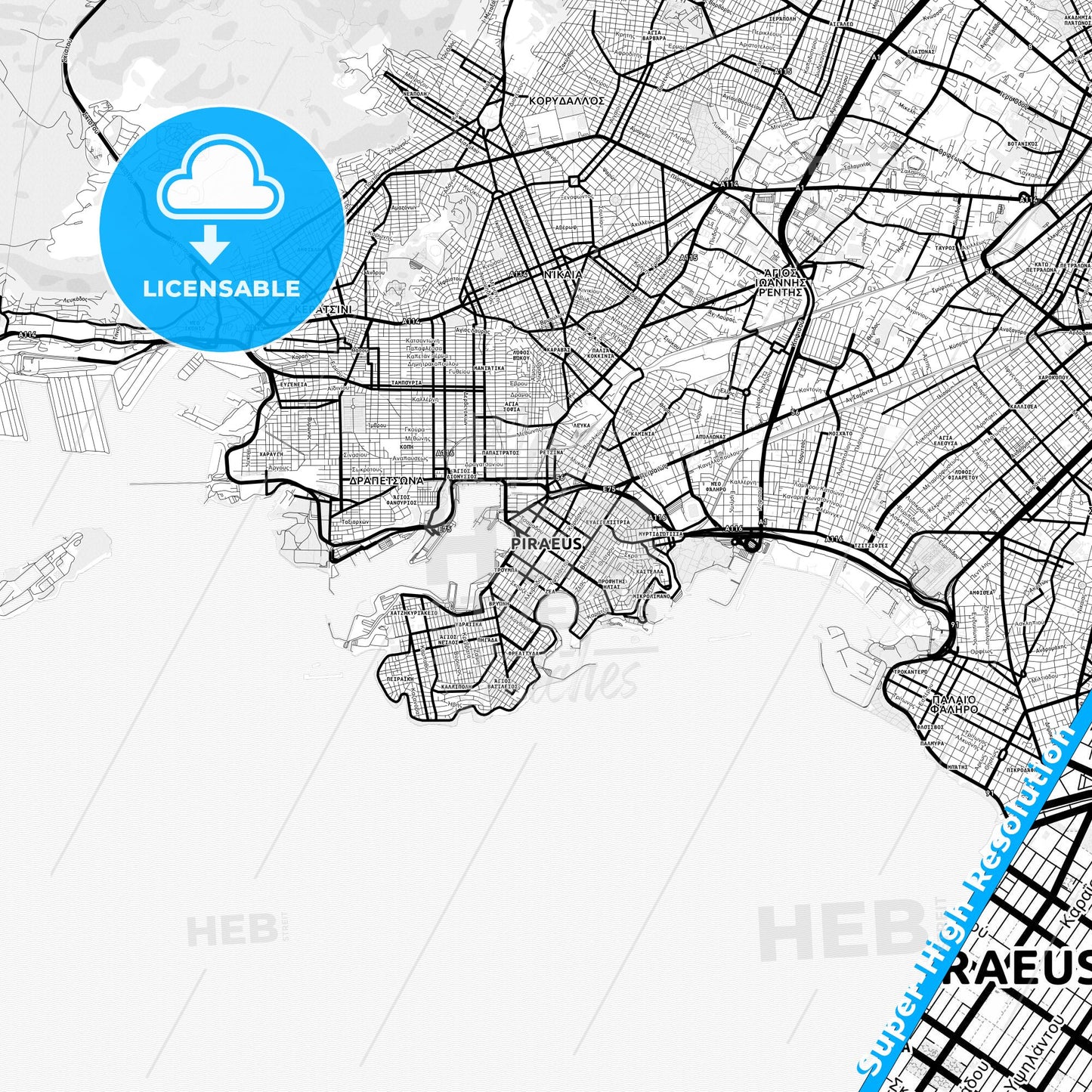 Piraeus, Greece Light Map with Street Names, City Names, and Districts