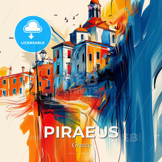 Vibrant Piraeus, Greece - A Painting Of A Building - Square format print template