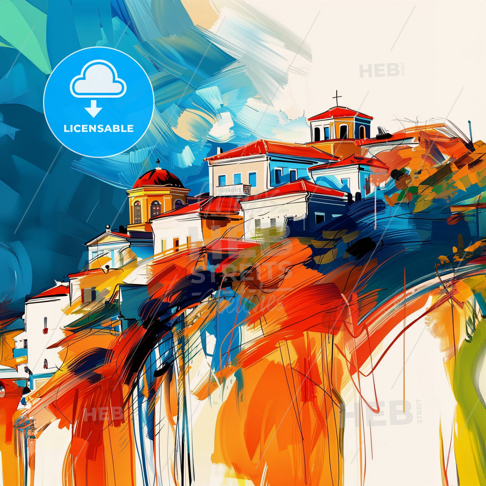 Vibrant Piraeus, Greece - A Painting Of A Colorful Town