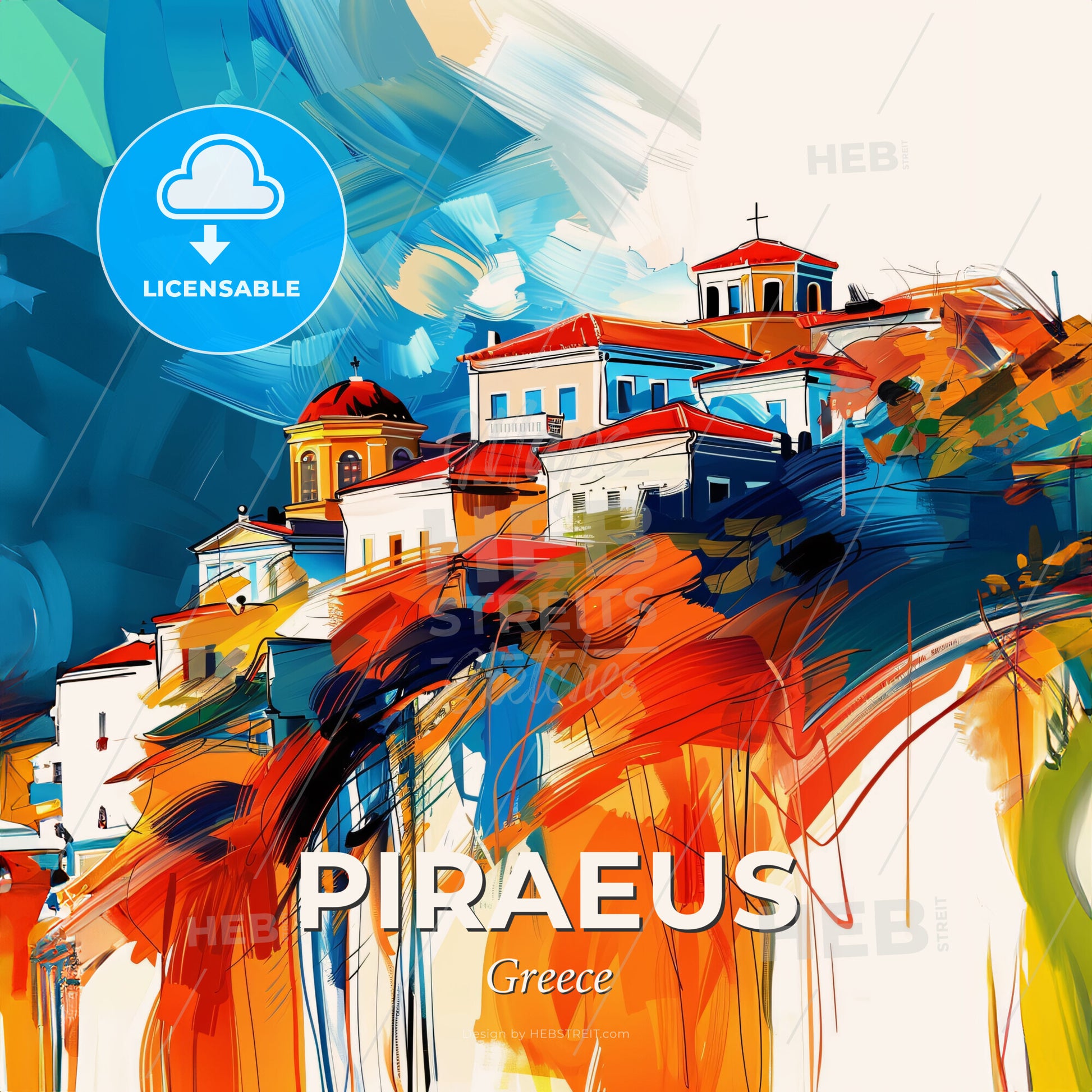 Vibrant Piraeus, Greece - A Painting Of A Colorful Town - Square format print template
