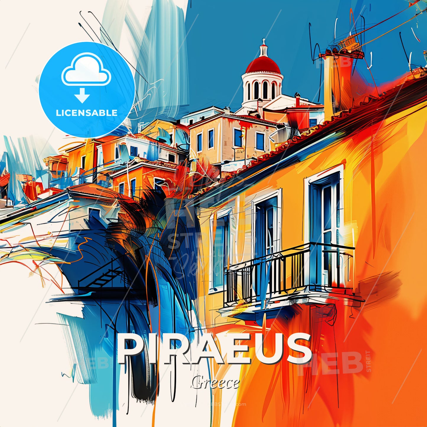 Vibrant Piraeus, Greece - A Painting Of A Building - Square format print template