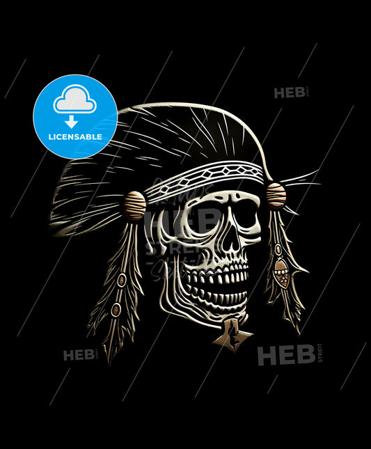 Detailed Black and White Pirate Skull Logo with Ornate Feathers
