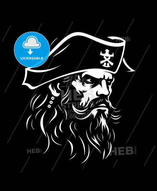 Black and white pirate mascot logo with bold lines, no background, digital art, illustration, cartoon, clip art