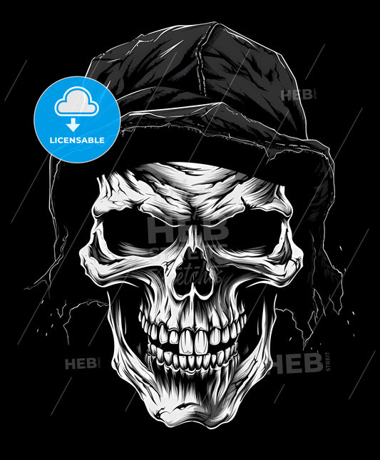 Vibrant black and white pirate mascot logo featuring a bold, clean skull with intricate hood