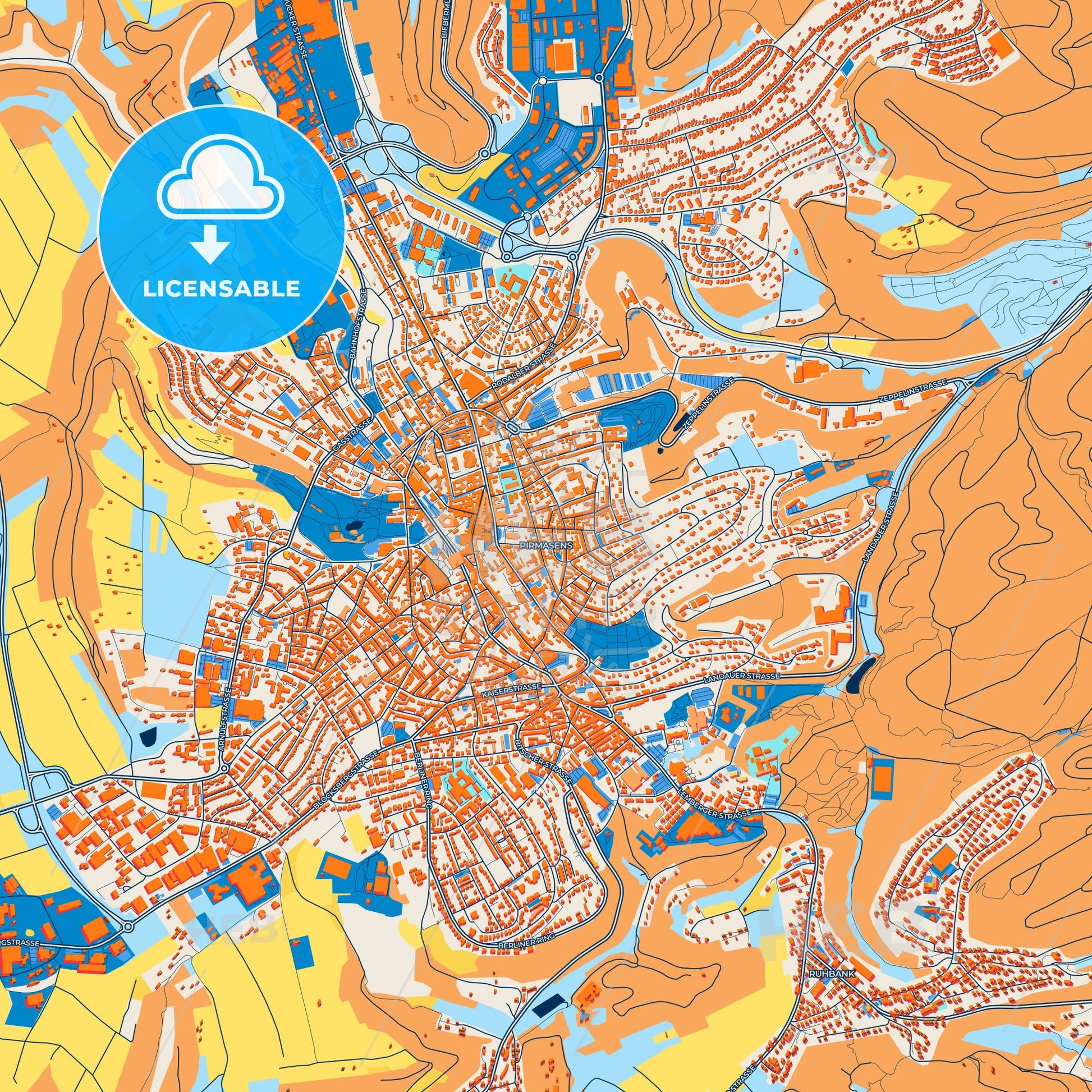 Colorful Pirmasens Street Map with Labels and Buildings