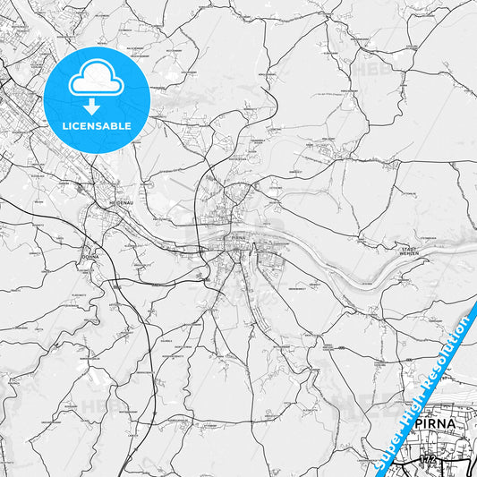Pirna, Germany light map with streetnames, citynames and districts