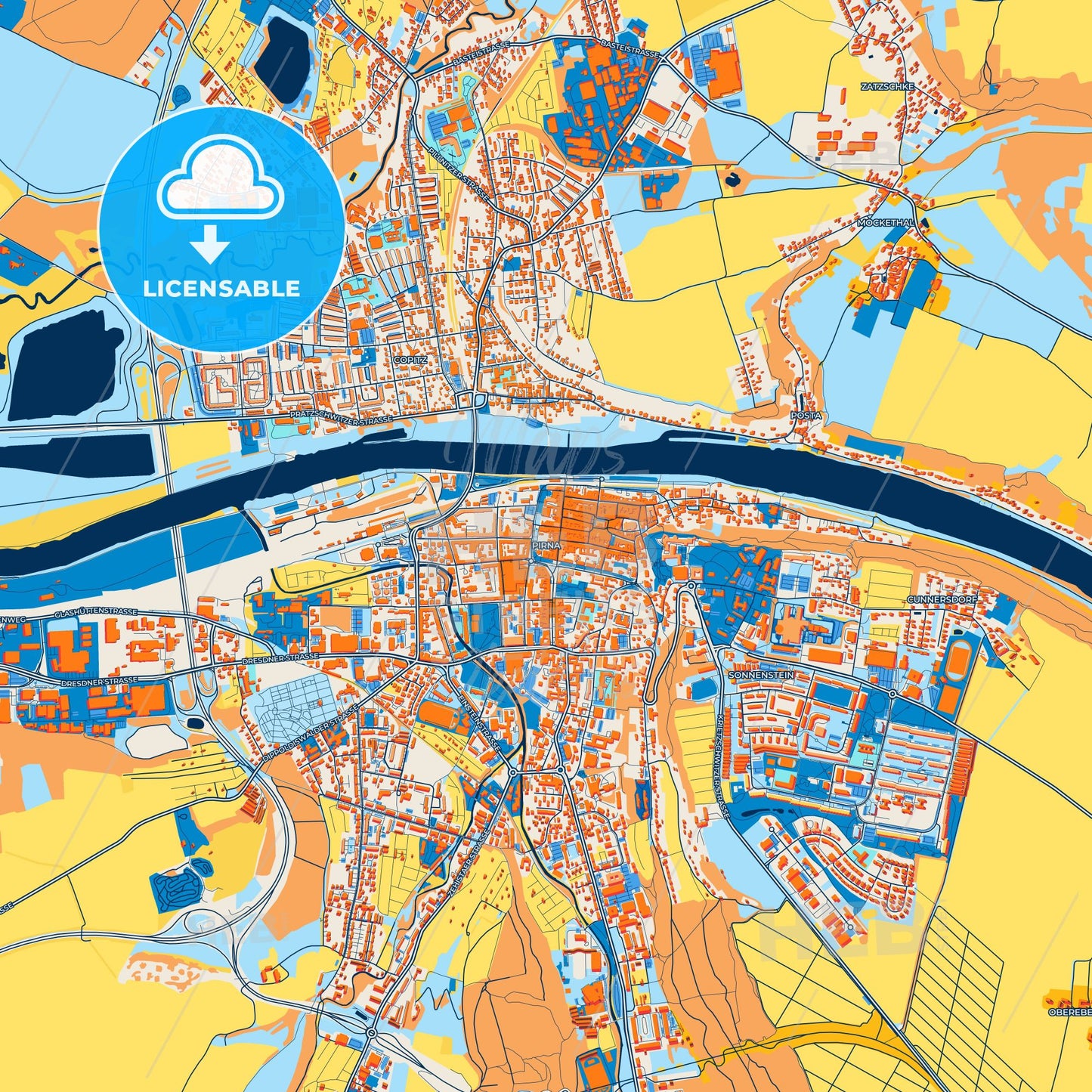 Colorful Pirna Street Map with Labels and Buildings