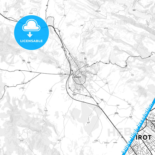 Pirot, Serbia light map with streetnames, citynames and districts