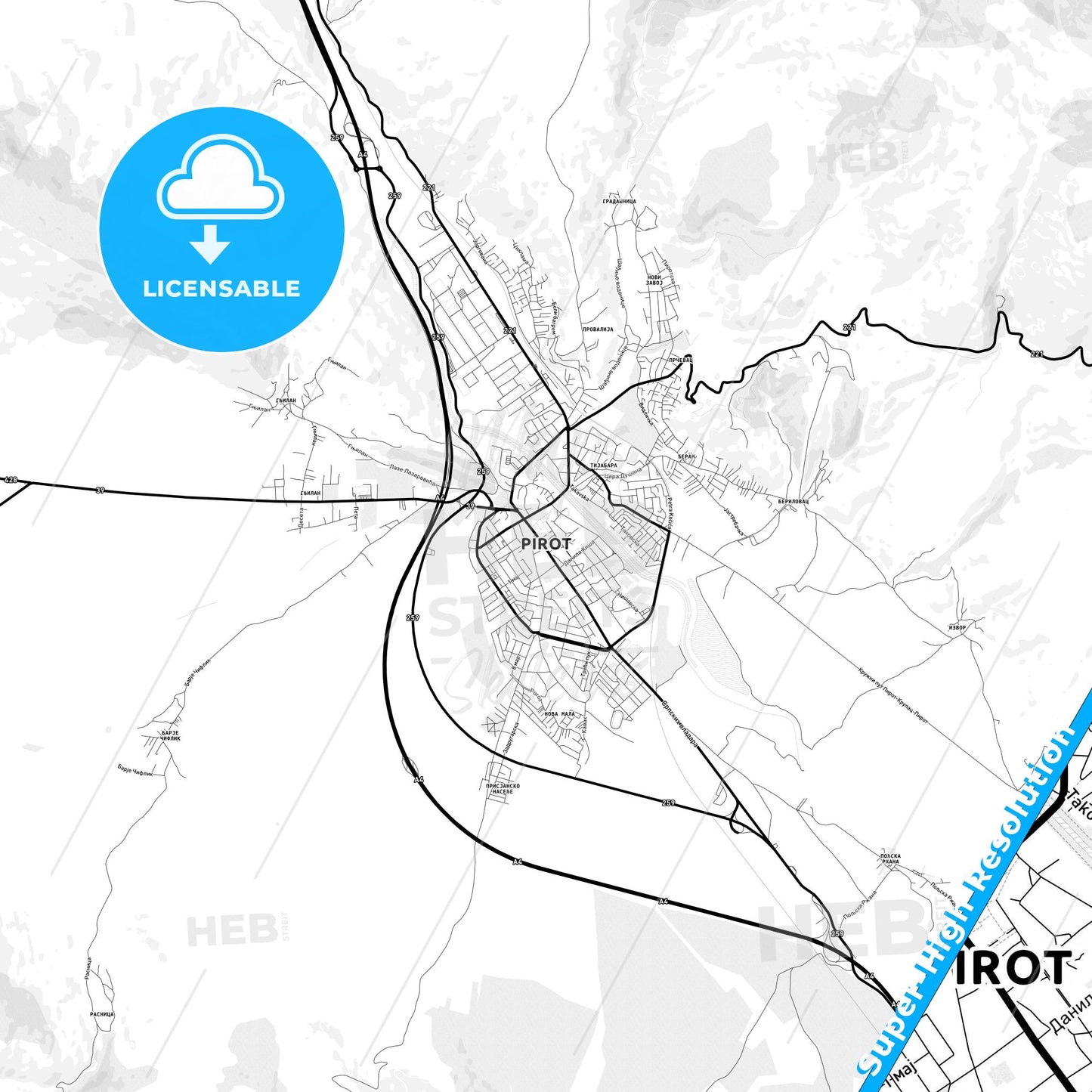 Pirot, Serbia Light Map with Street Names, City Names, and Districts