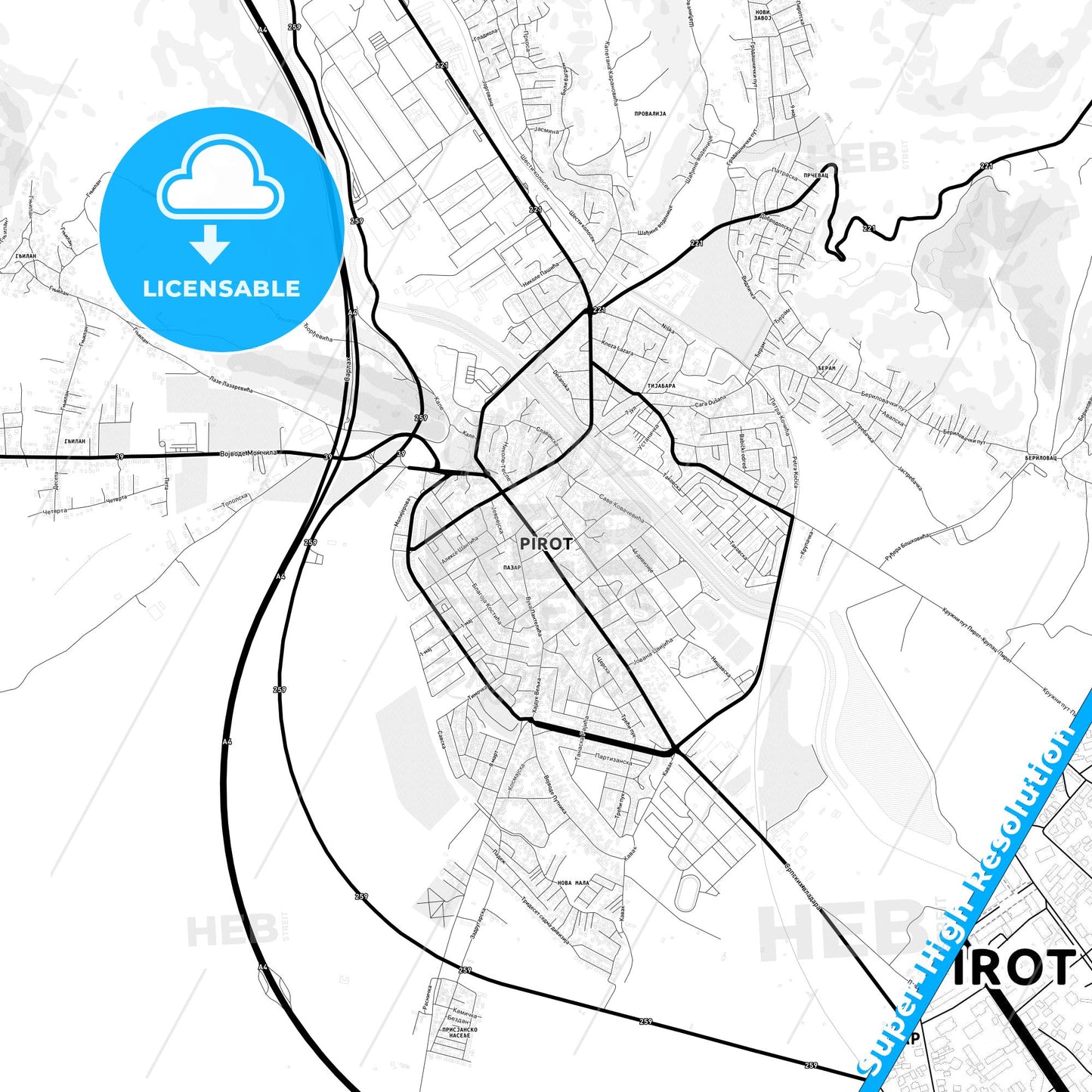 Pirot, Serbia Light Map with Street Names, City Names, and Districts