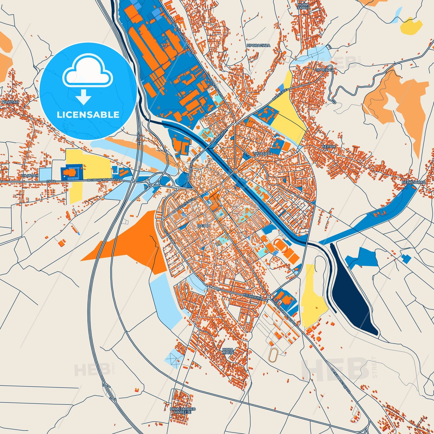 Colorful Pirot Street Map with Labels and Buildings