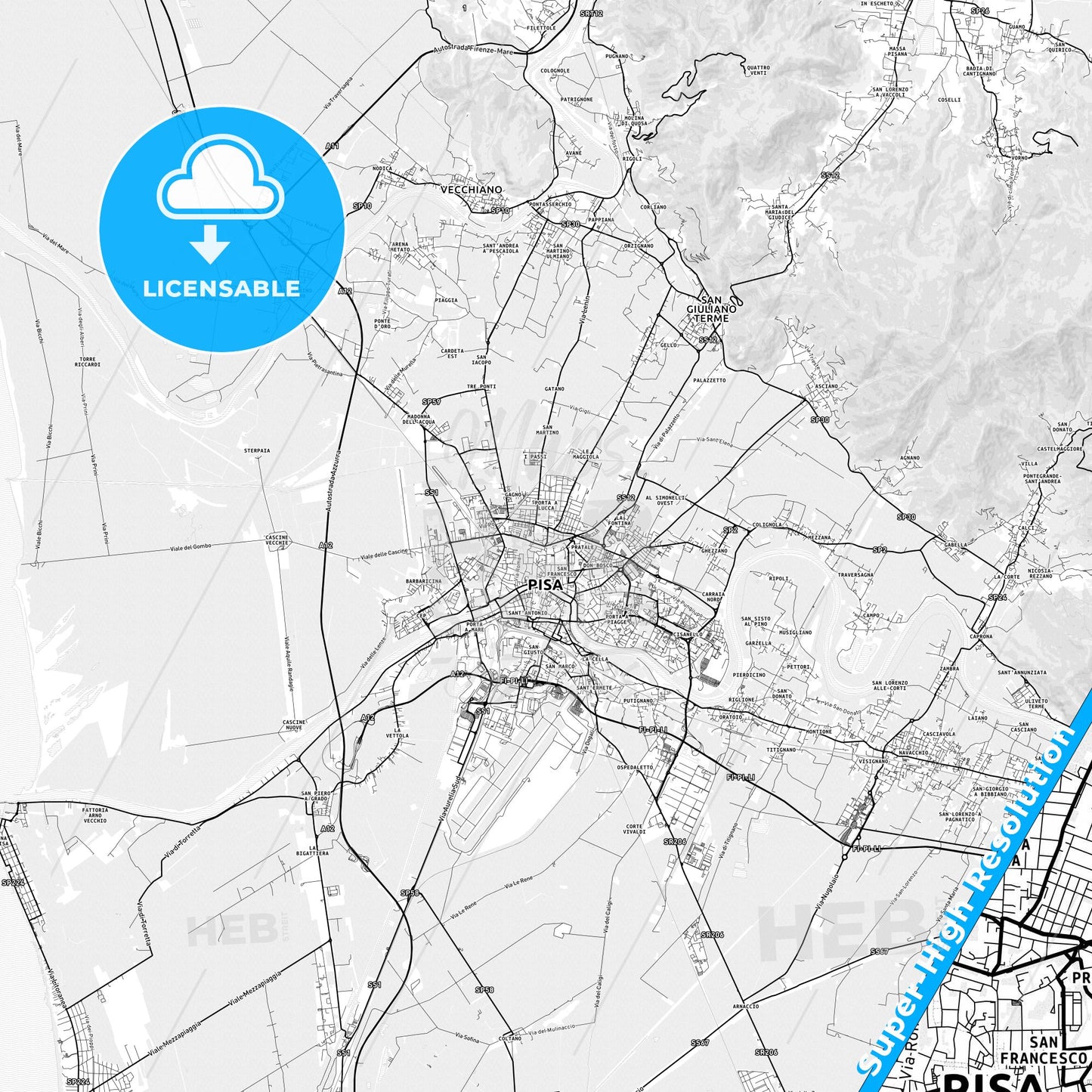 Pisa, Italy light map with streetnames, citynames and districts