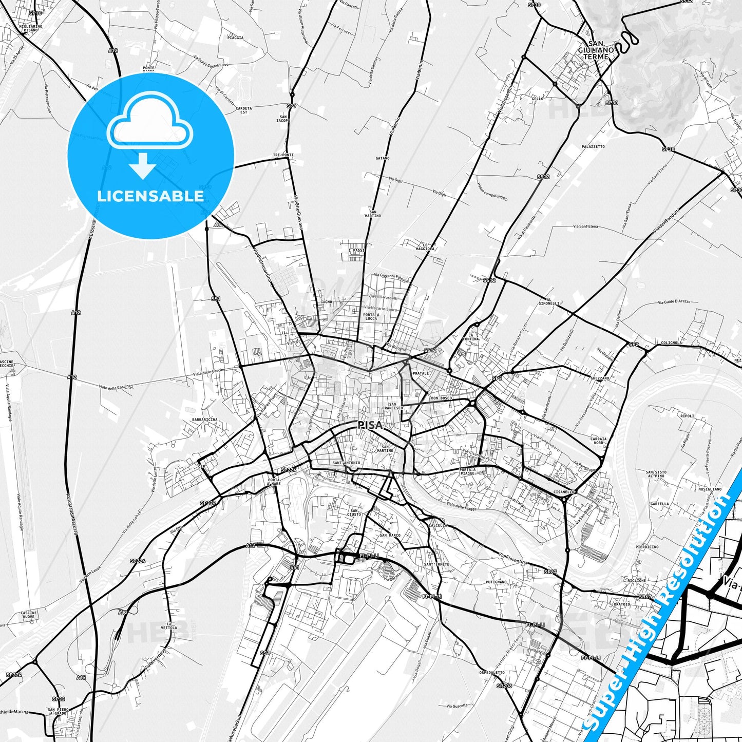 Pisa, Italy Light Map with Street Names, City Names, and Districts
