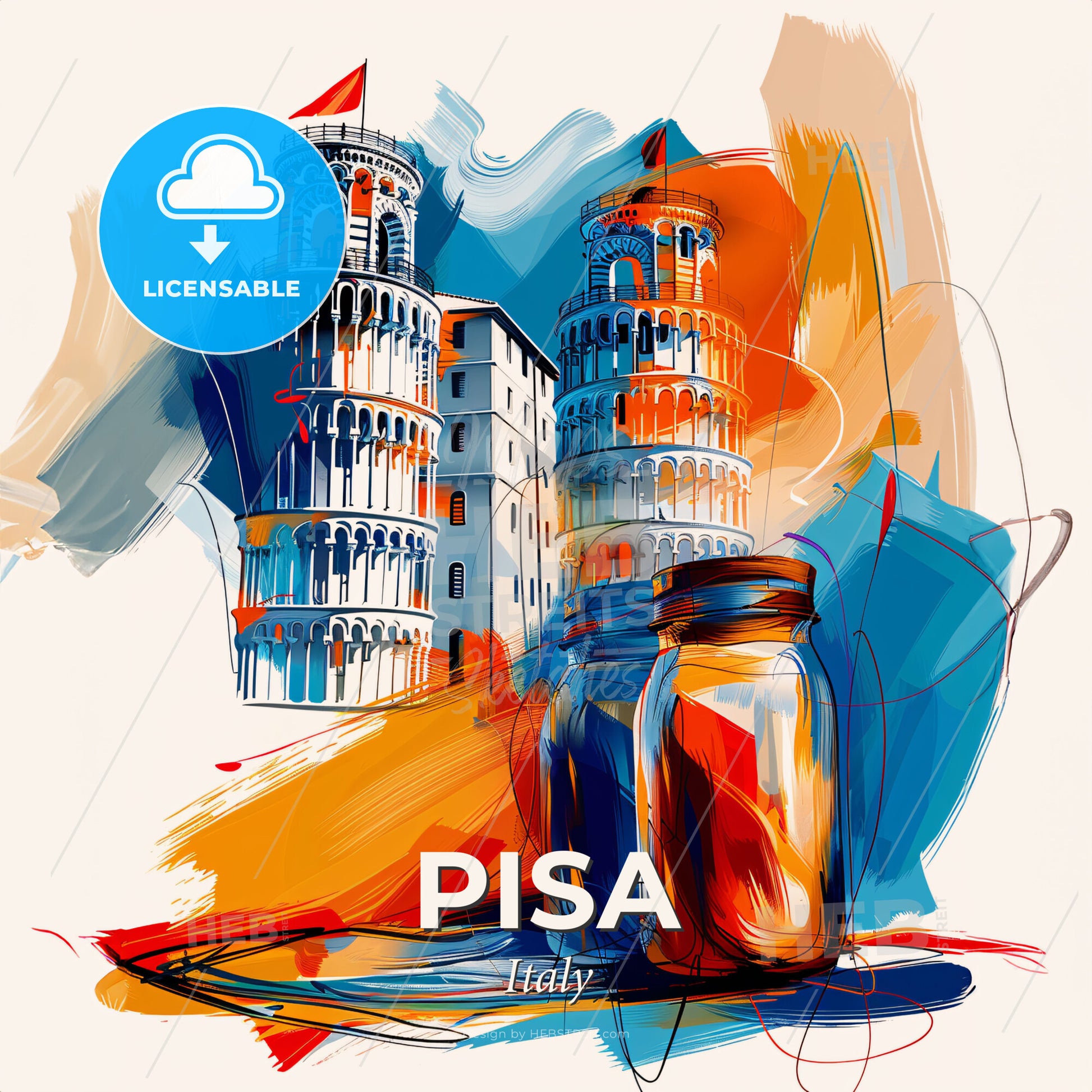 Vibrant Pisa, Italy - A Painting Of A Tower And A Glass Jar - Square format print template
