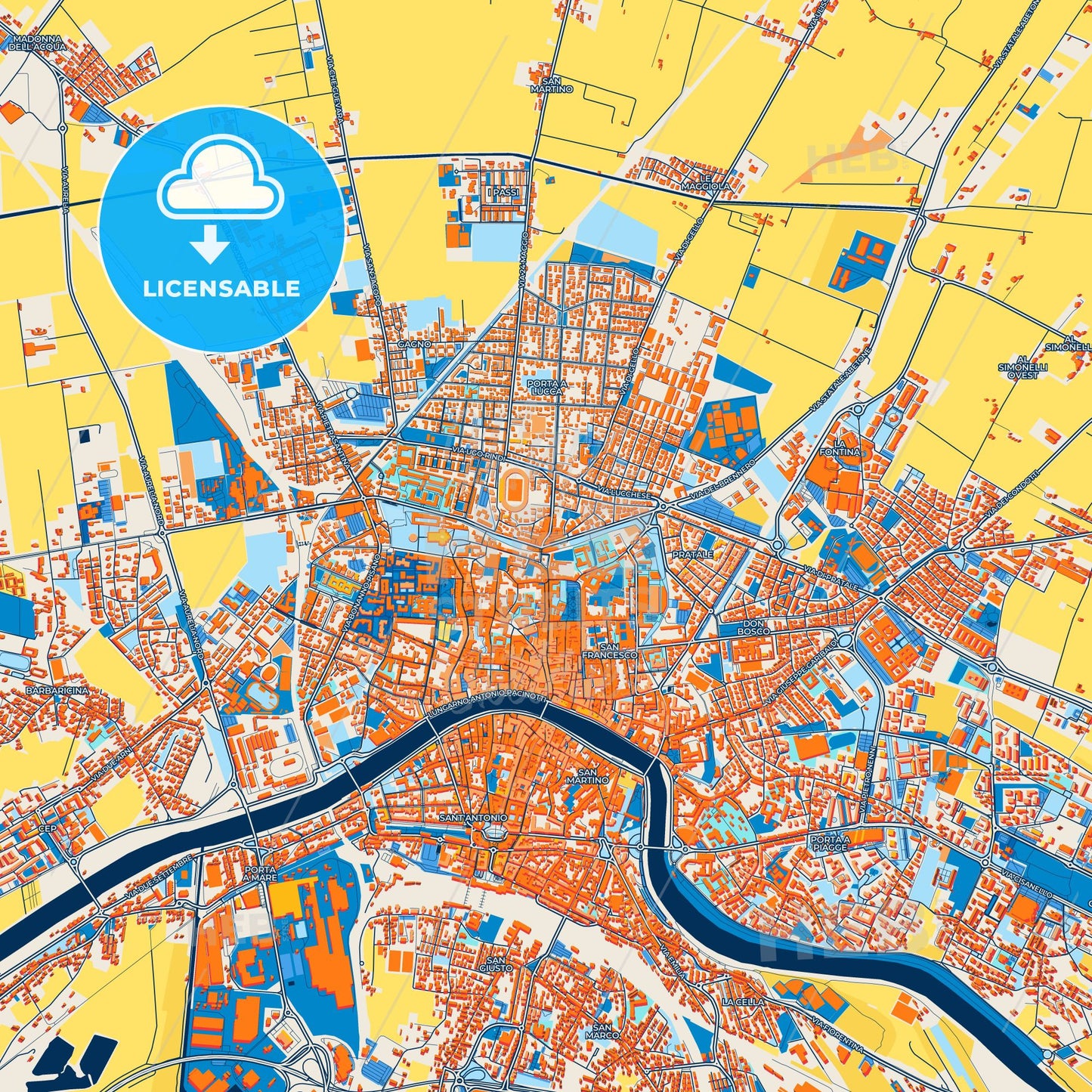 Colorful Pisa Street Map with Labels and Buildings