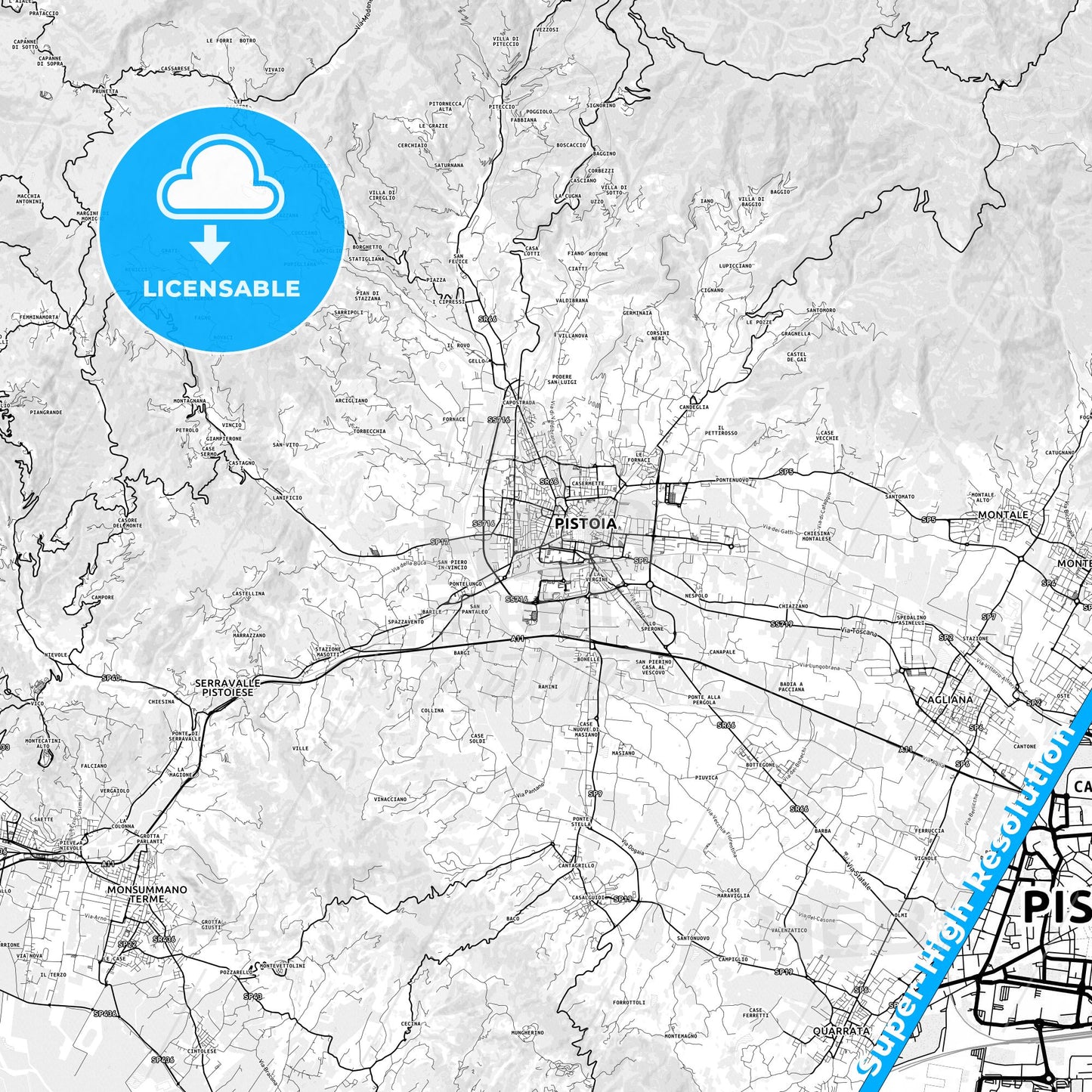 Pistoia, Italy light map with streetnames, citynames and districts