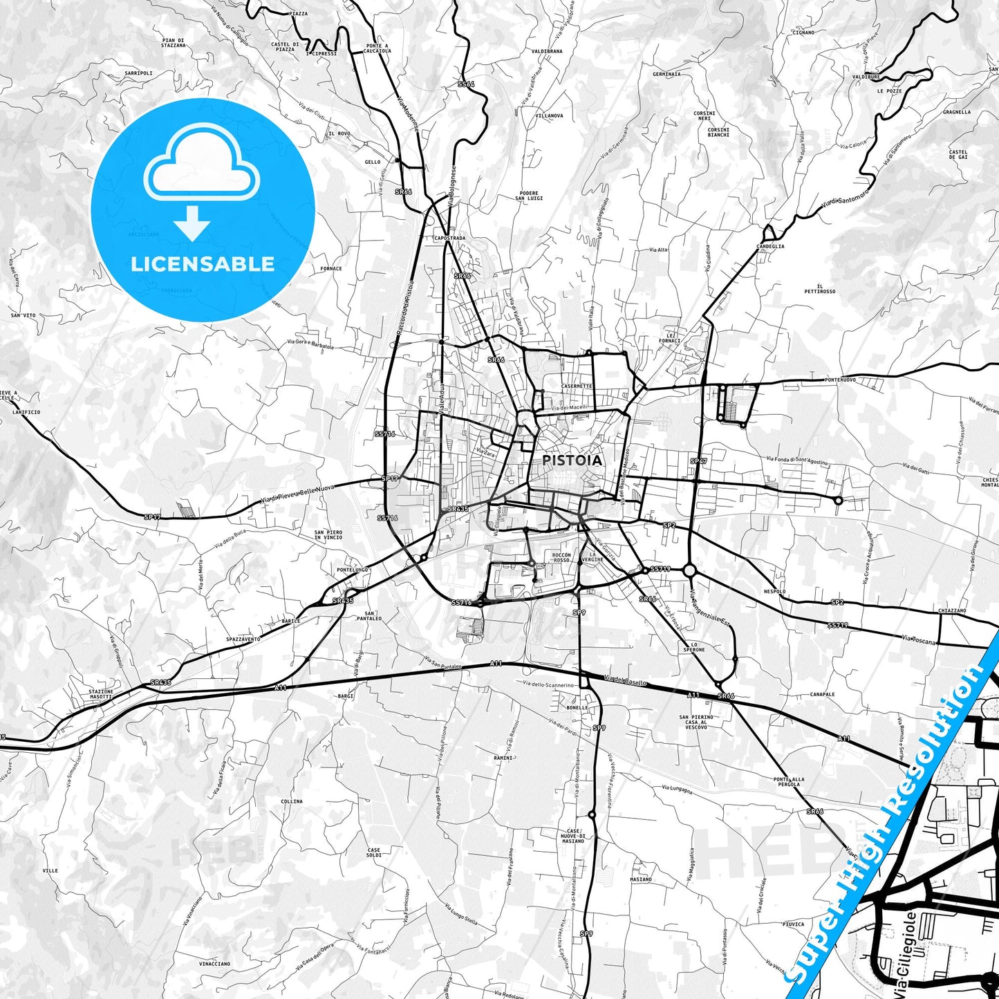 Pistoia, Italy Light Map with Street Names, City Names, and Districts