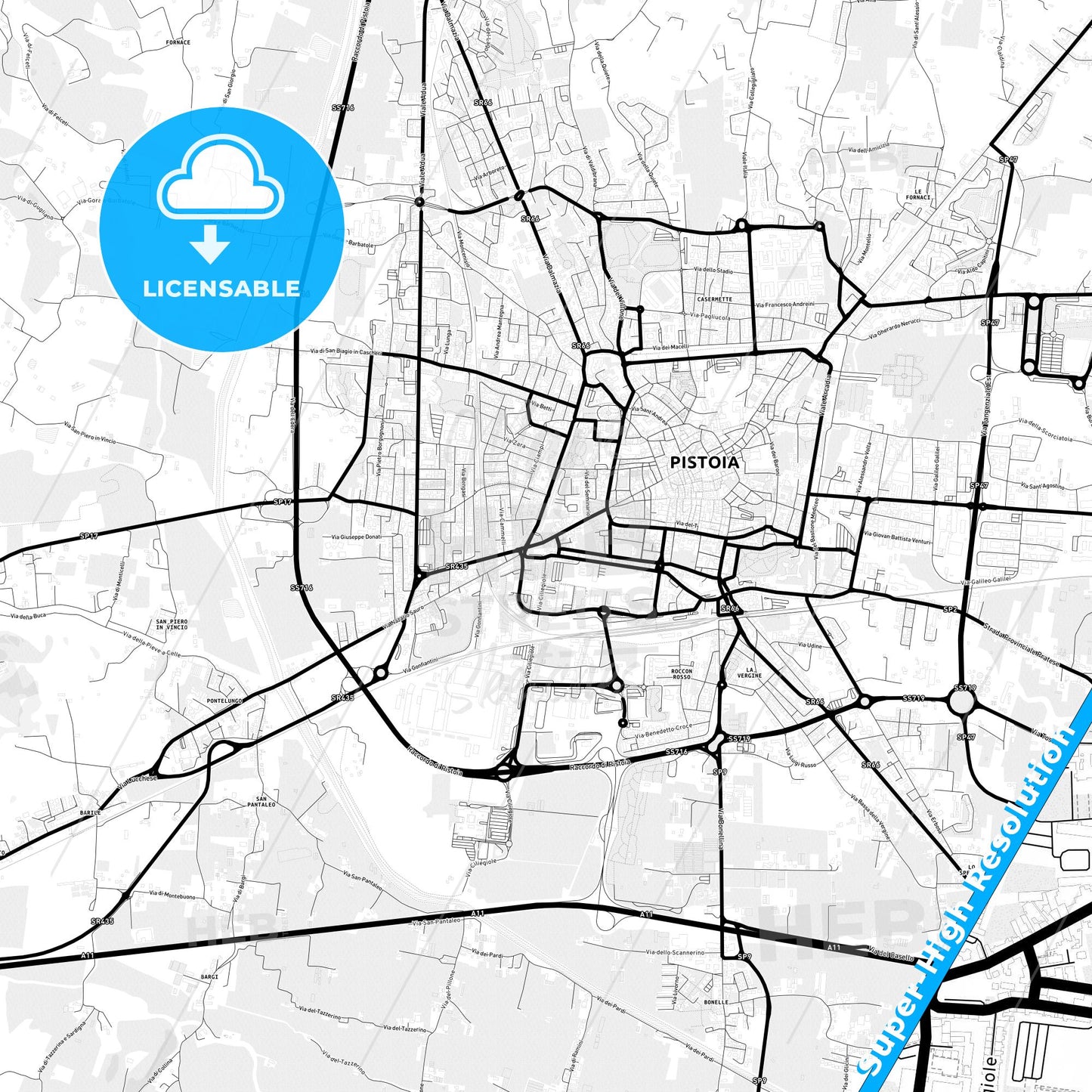 Pistoia, Italy Light Map with Street Names, City Names, and Districts
