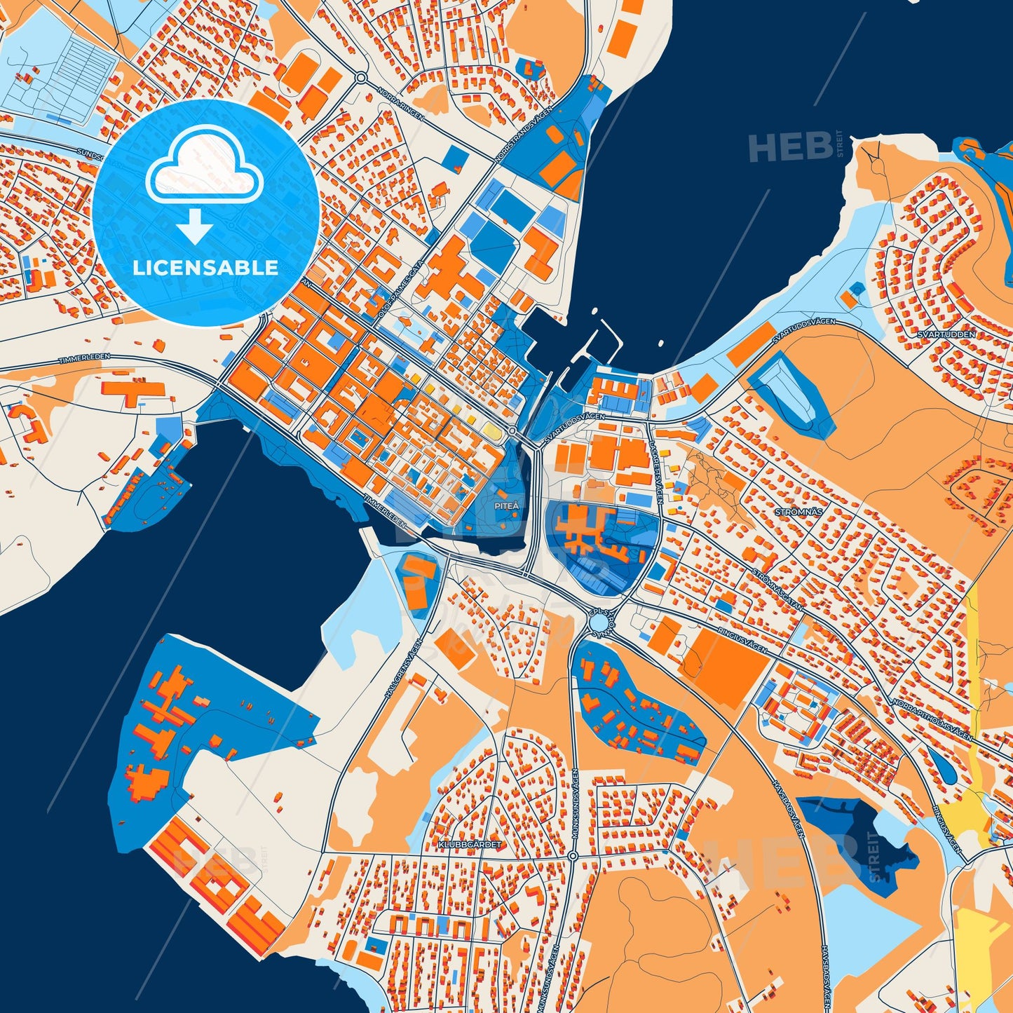 Colorful Piteå Street Map with Labels and Buildings