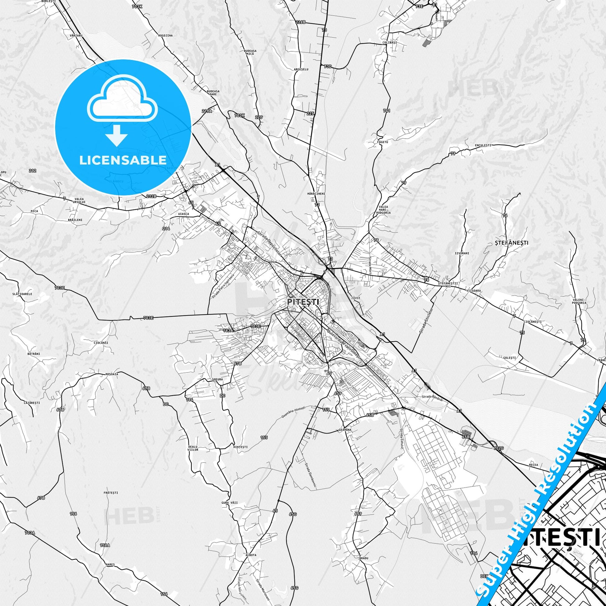 Pitești, Romania light map with streetnames, citynames and districts