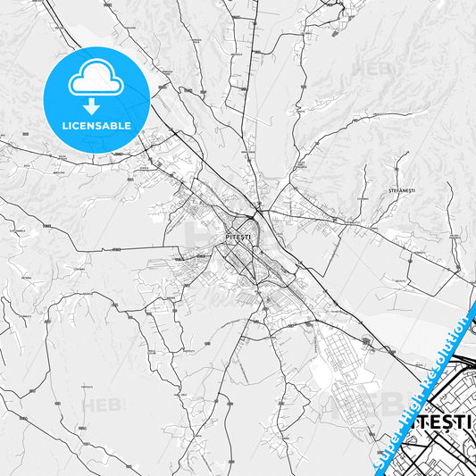 Pitești, Romania light map with streetnames, citynames and districts
