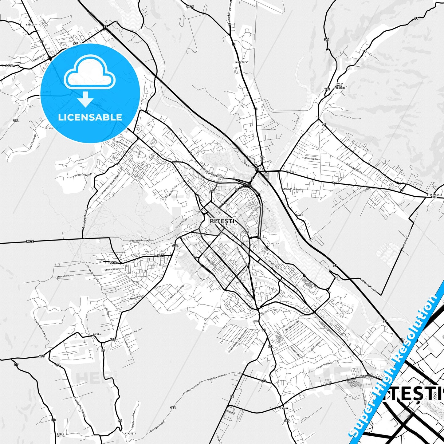 Pitești, Romania Light Map with Street Names, City Names, and Districts