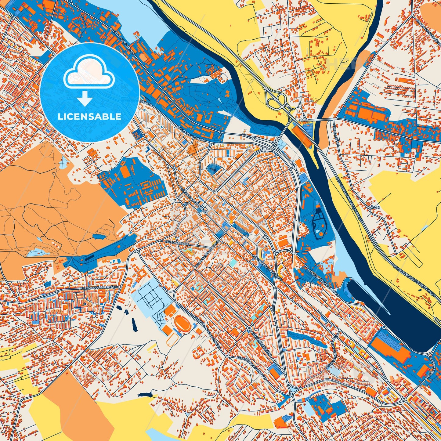 Colorful Pitești Street Map with Labels and Buildings