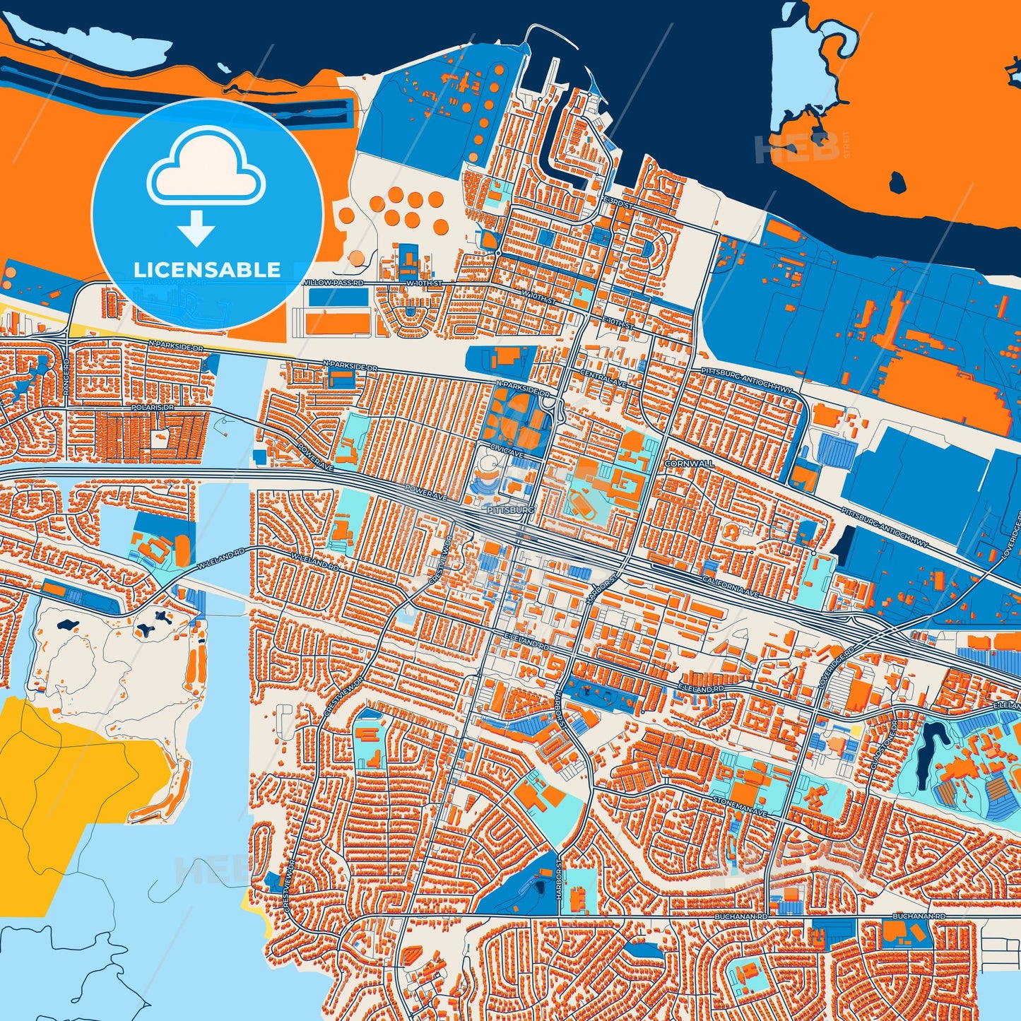 Colorful Pittsburg Street Map with Labels and Buildings