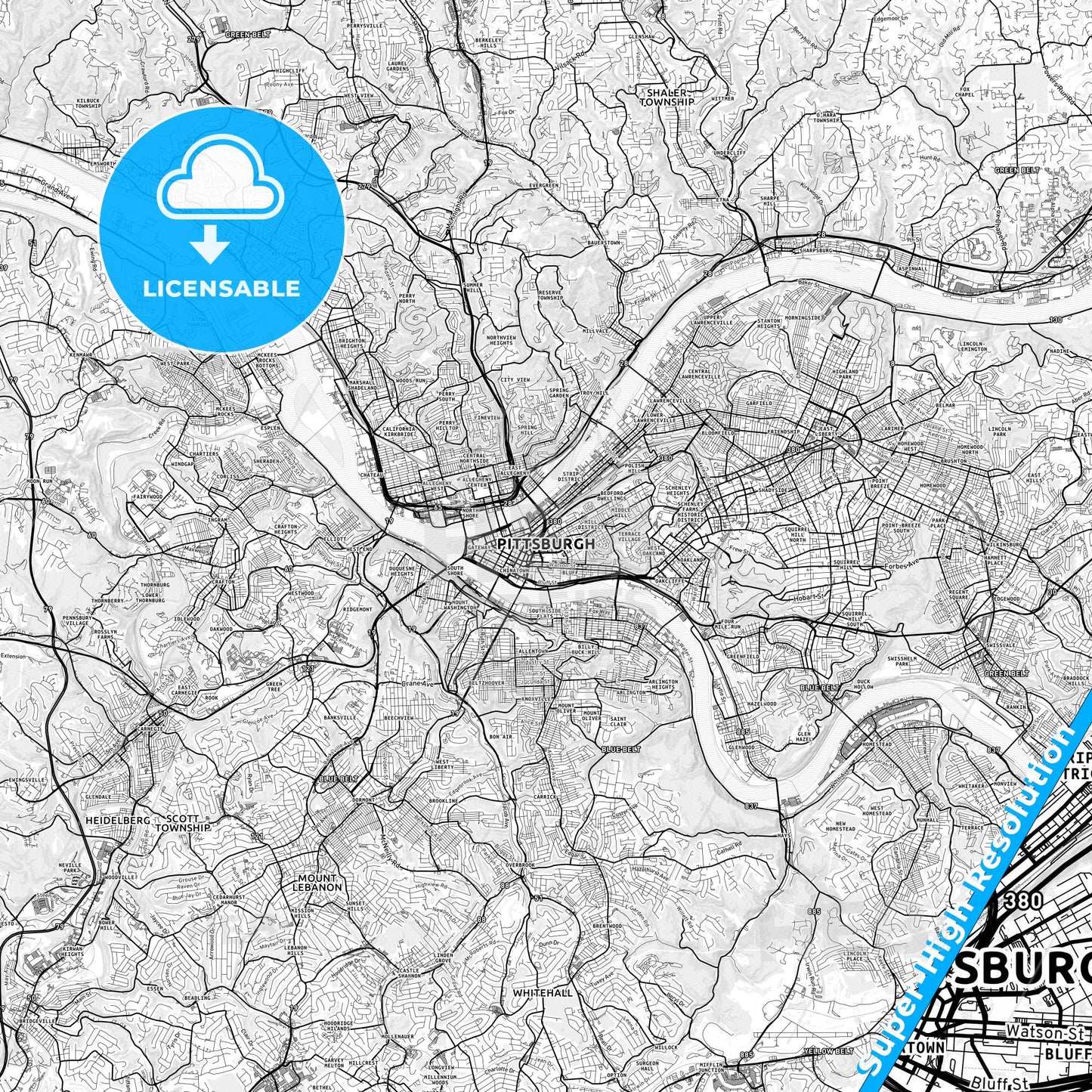 Pittsburgh, Pennsylvania light map with streetnames, citynames and districts