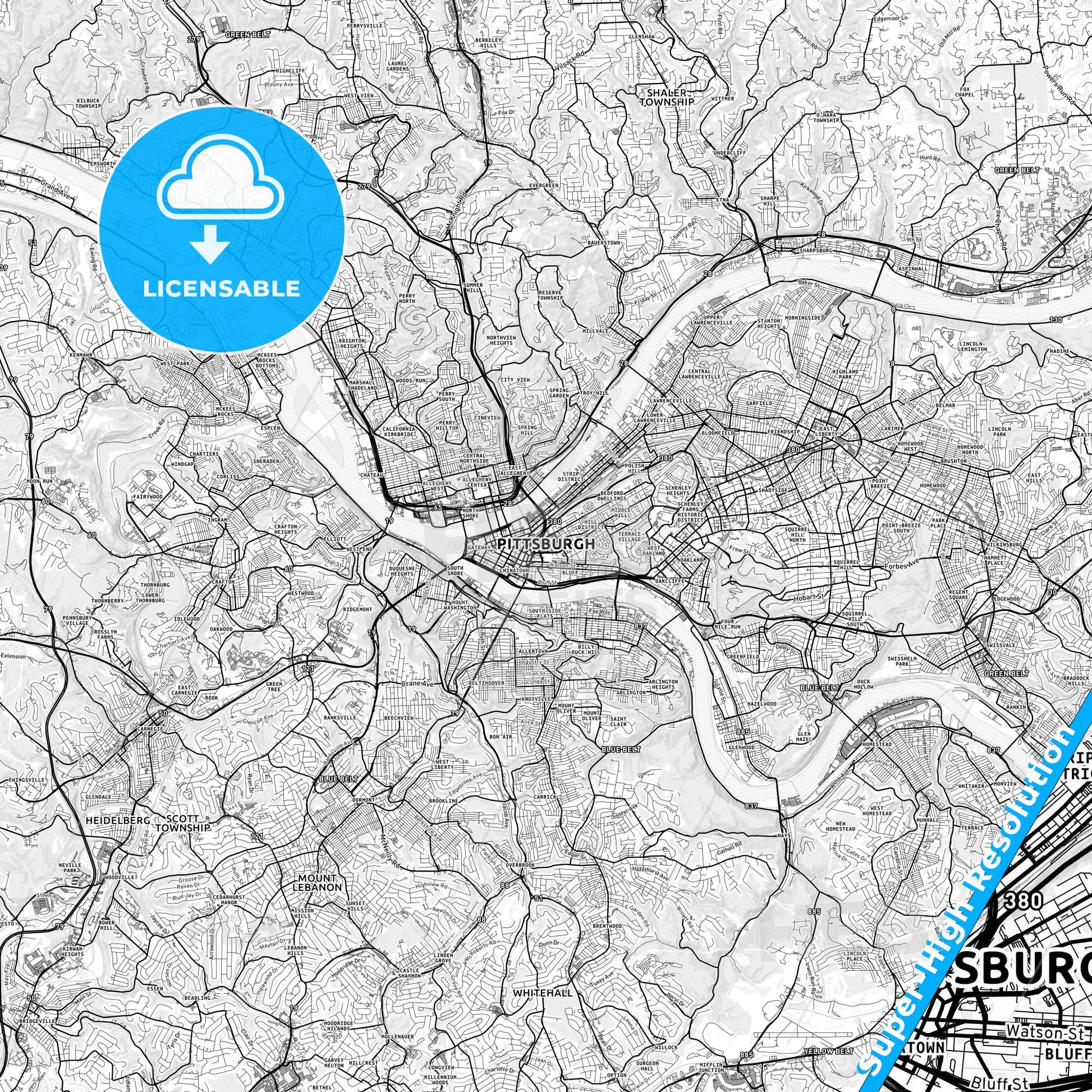 Pittsburgh, Pennsylvania light map with streetnames, citynames and districts
