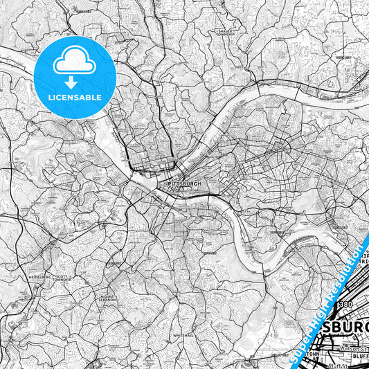 Pittsburgh, Pennsylvania light map with streetnames, citynames and districts