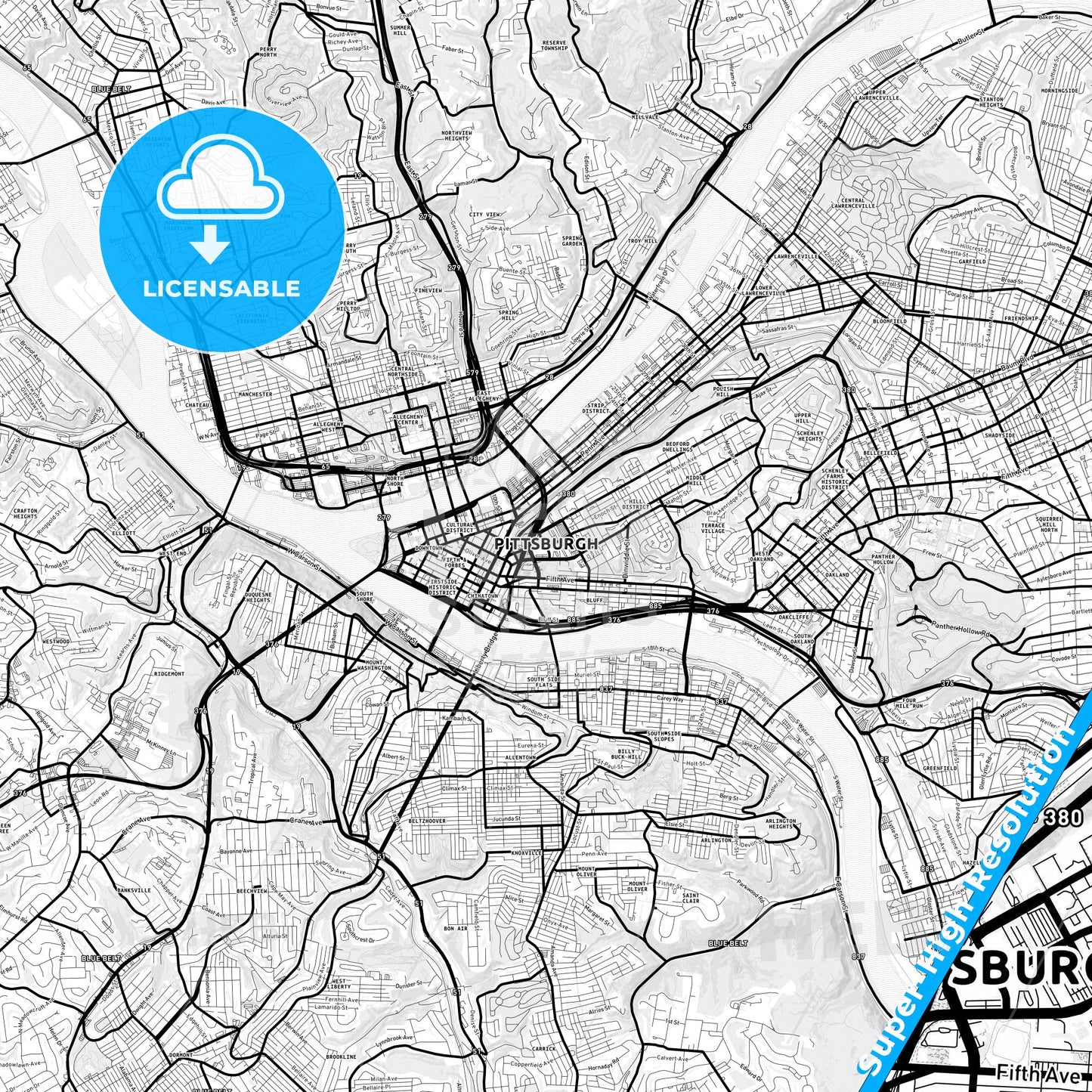 Pittsburgh, Pennsylvania Light Map with Street Names, City Names, and Districts