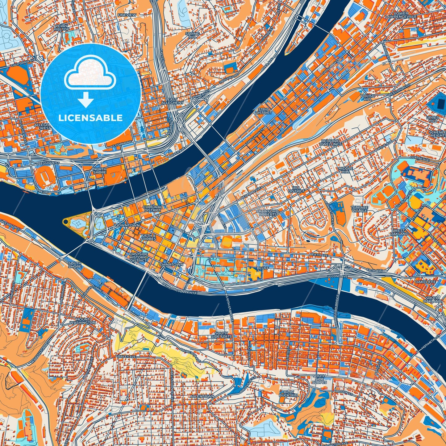 Colorful Pittsburgh Street Map with Labels and Buildings