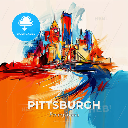 Vibrant Pittsburgh, Pennsylvania - A Colorful Cityscape With A Bridge - Square format print template
