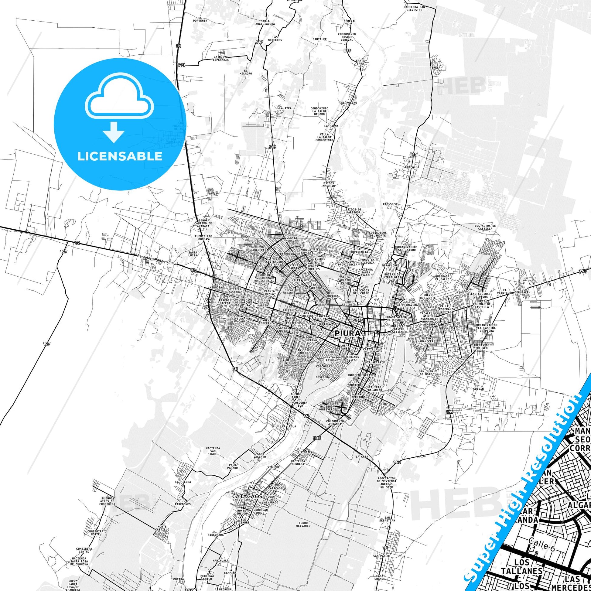 Piura, Peru light map with streetnames, citynames and districts