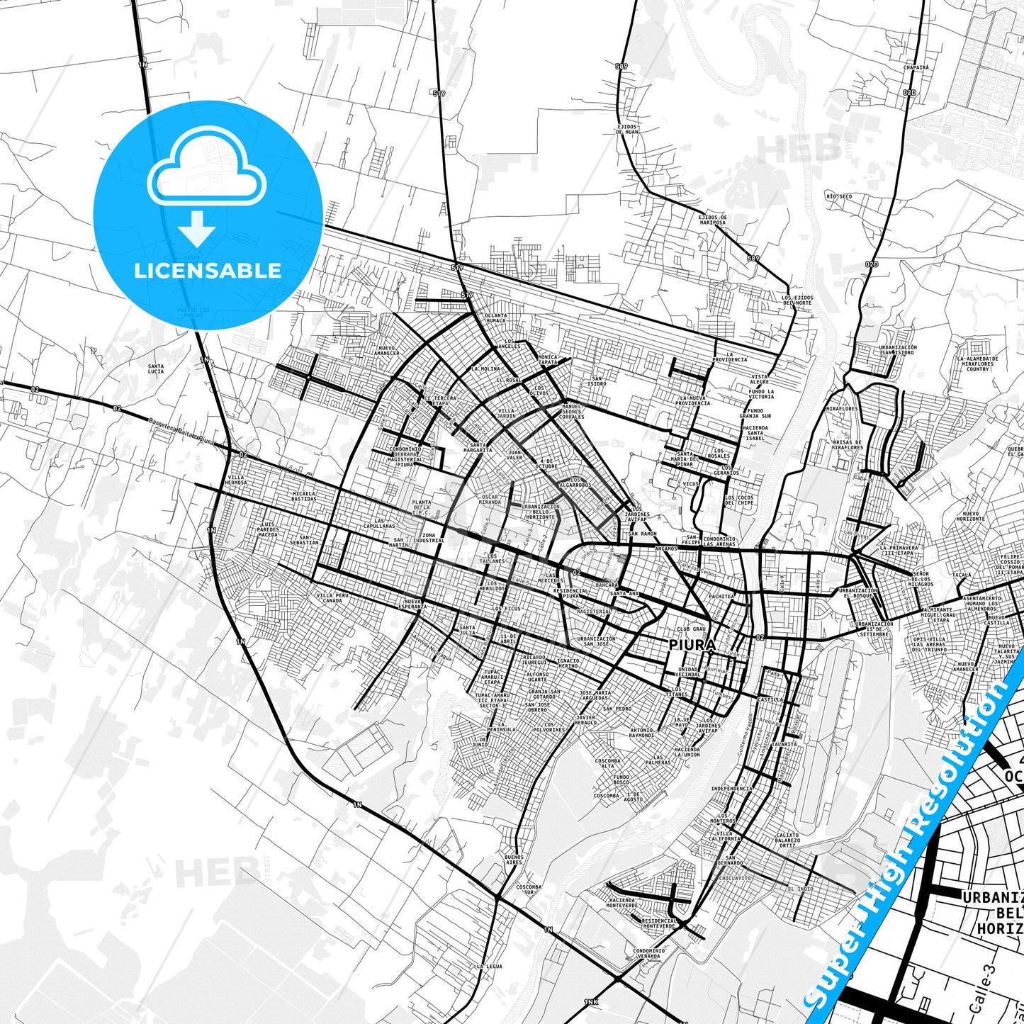 Piura, Peru Light Map with Street Names, City Names, and Districts