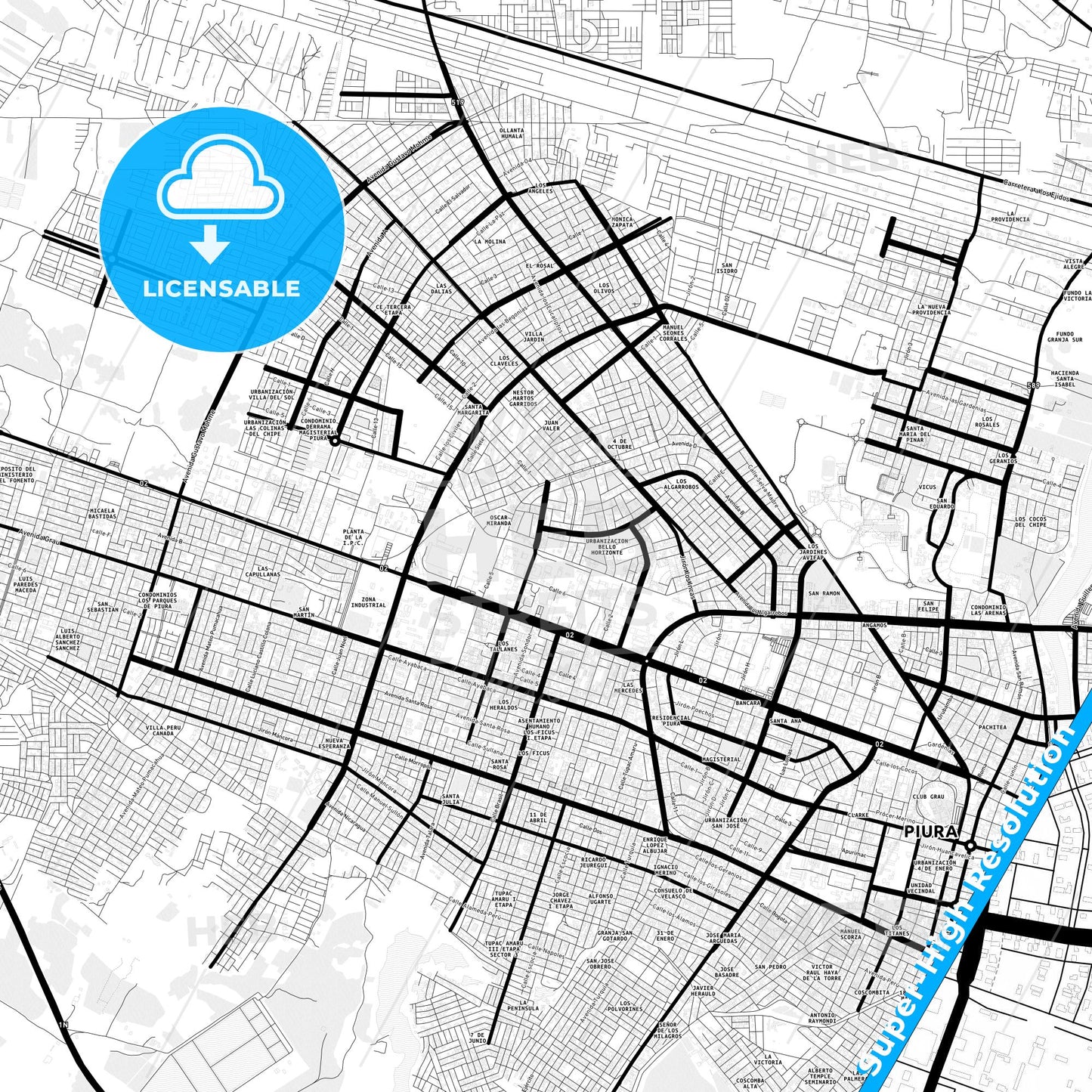 Piura, Peru Light Map with Street Names, City Names, and Districts