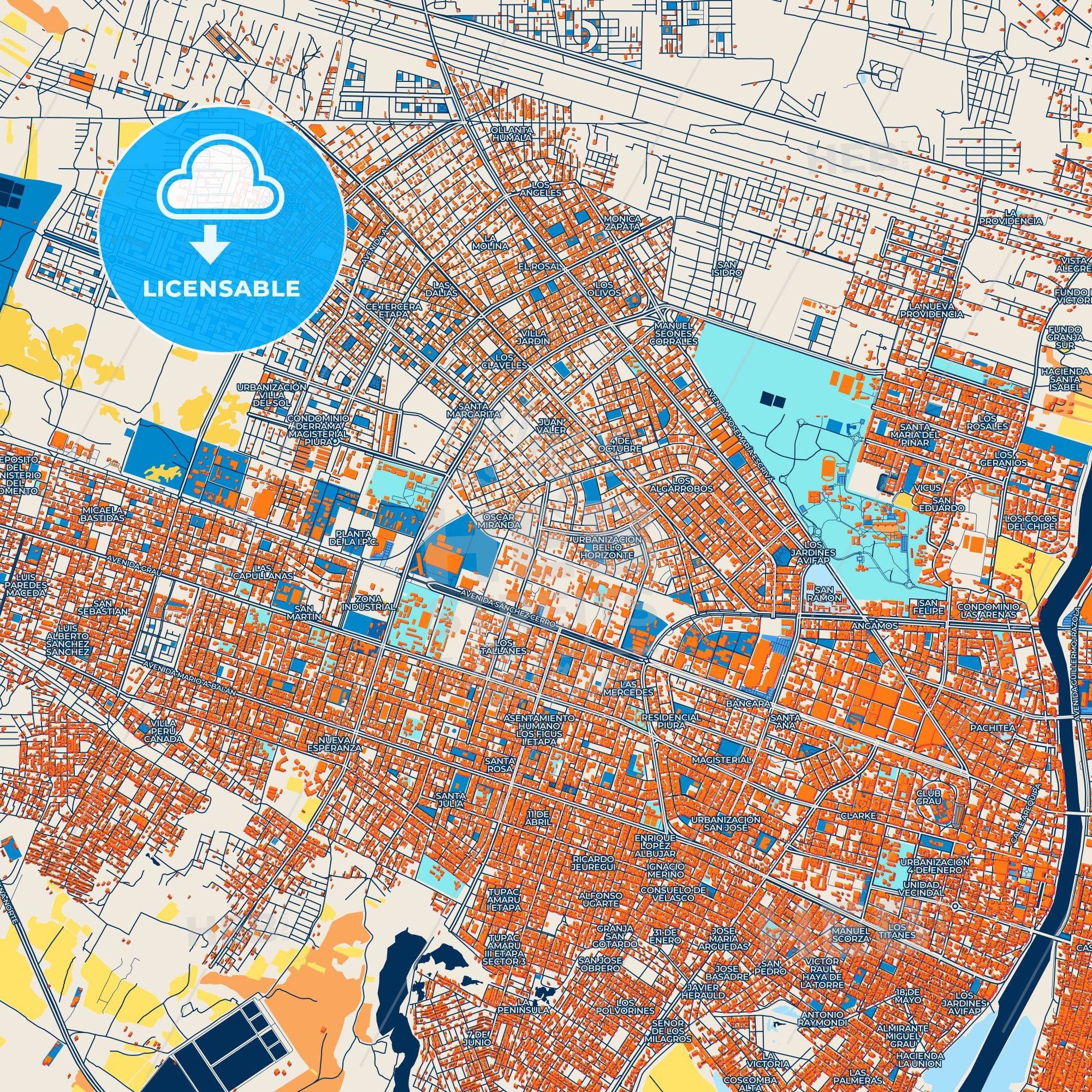 Colorful Piura Street Map With Labels And Buildings – HEBSTREITS
