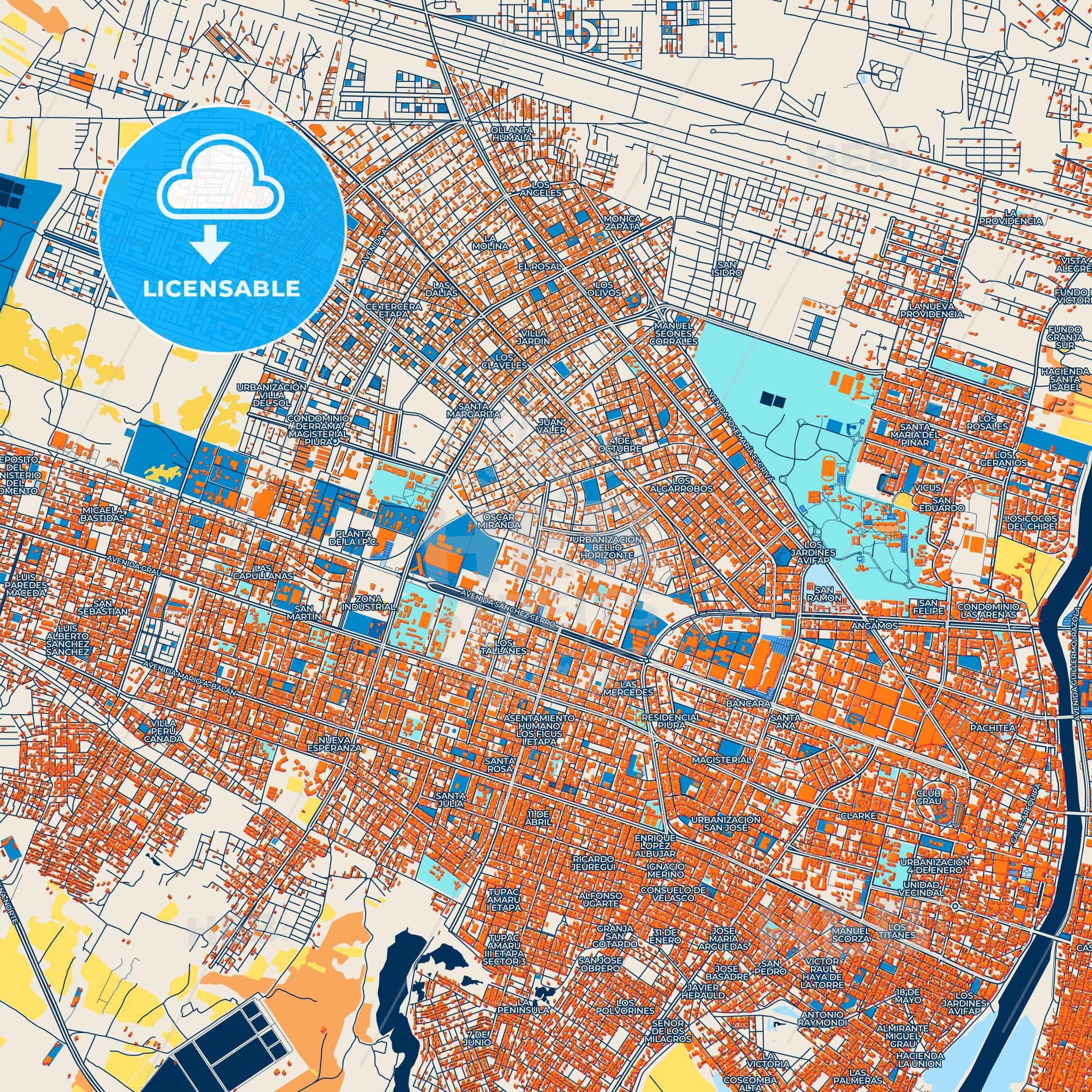 Colorful Piura Street Map with Labels and Buildings